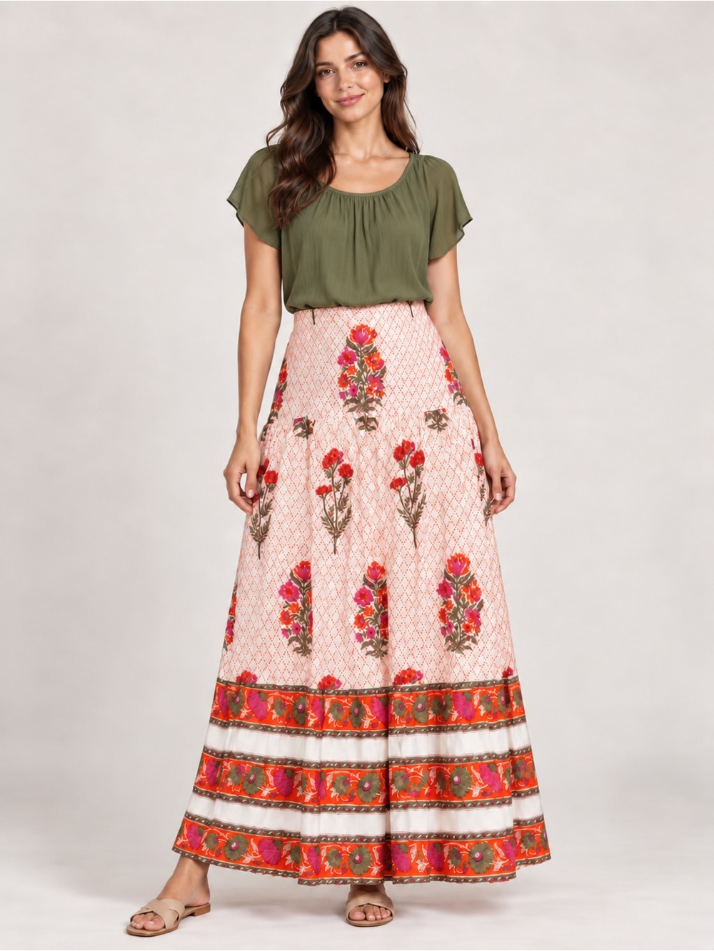 Boho Maxi Skirt with Pink Floral Border